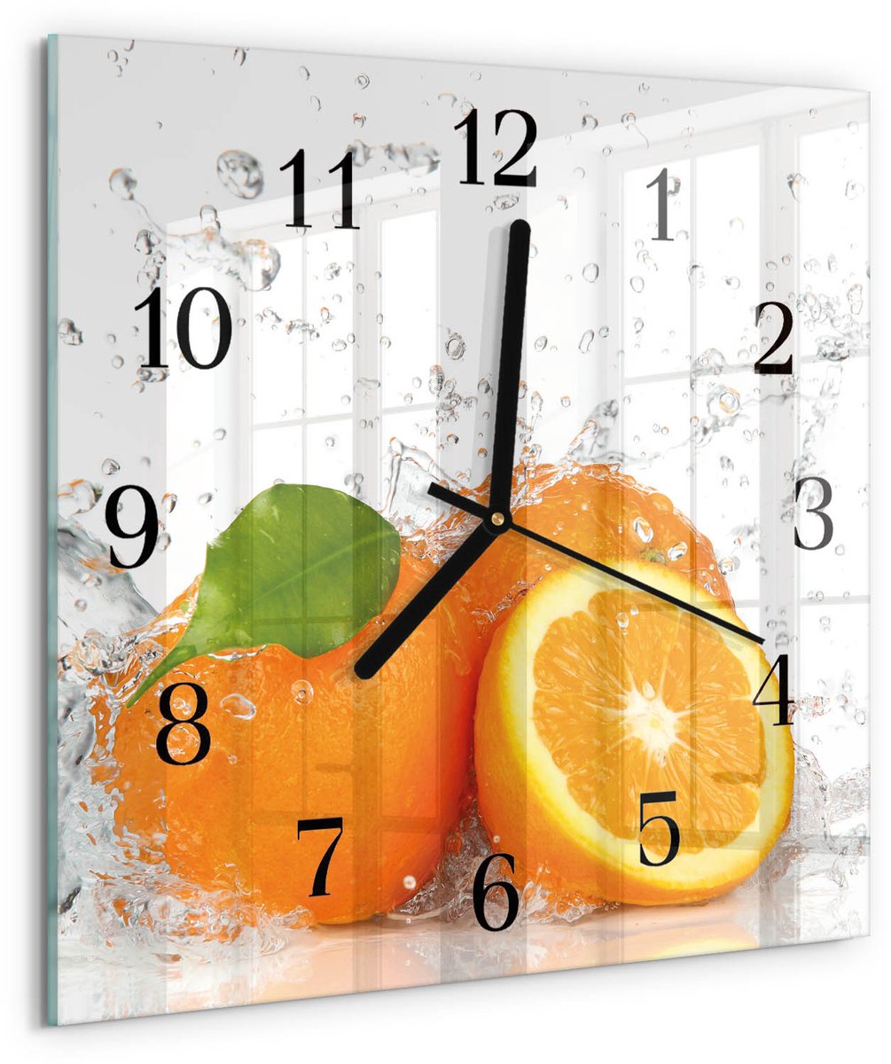 TULUP Wandklok - sinaasappels Glazen Klok Met Print - 30x30 cm - Oranje Moderne Glazen Wandklok - Zwarte Handen - Vierkante Wandklok - Glazen Wandklok Design - Klok Glas Met Opdruk Oranje - sinaasappels