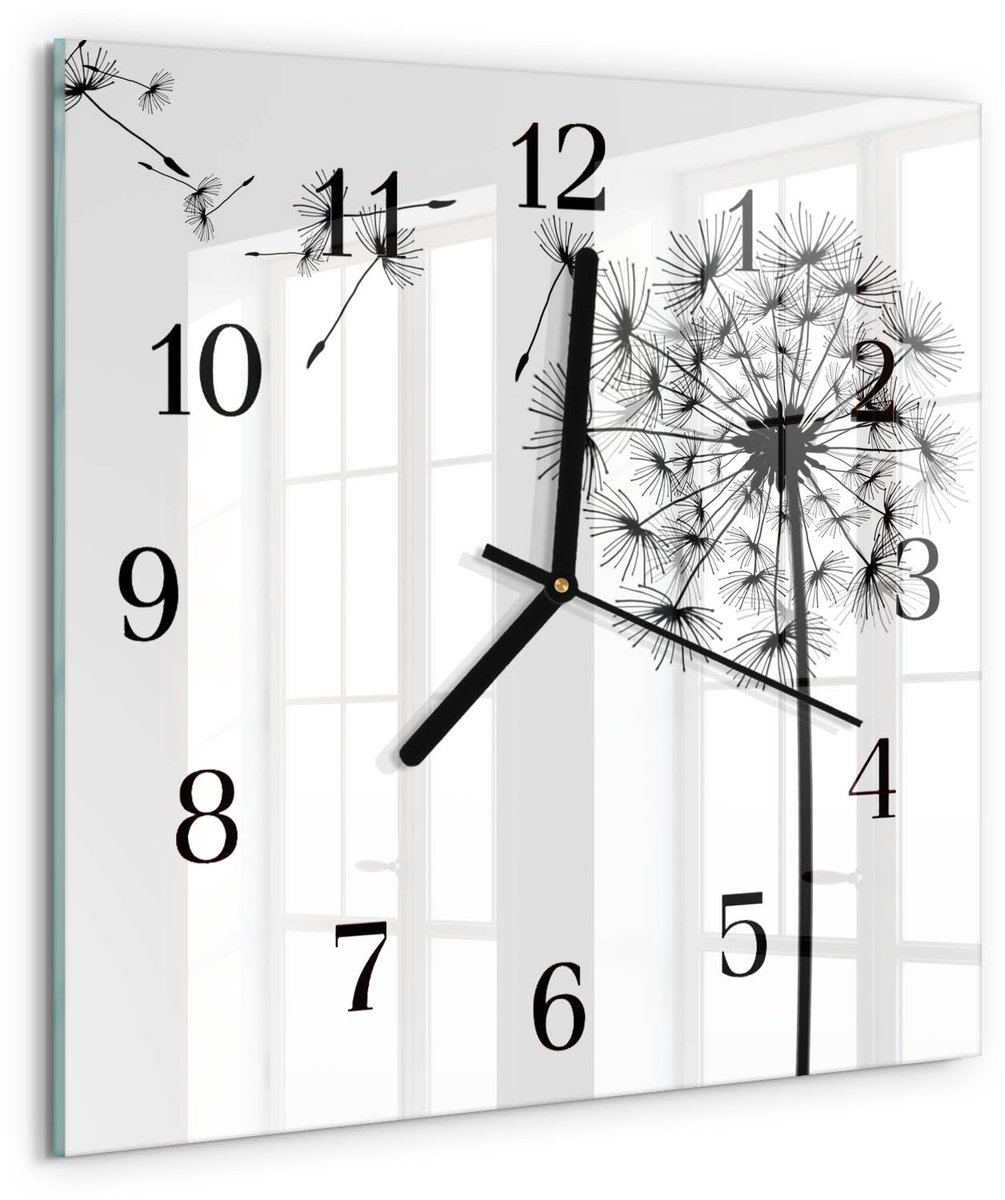TULUP Wandklok - Paardebloem Moderne Wandklok Glas - 30x30 cm - Zwart-wit Wandklok Glas Decoratie - Zwarte Handen - Vierkante Wandklok - Gekleurde Glazen Klok - Glazen Klok Met Print Zwart-wit - Paardebloem