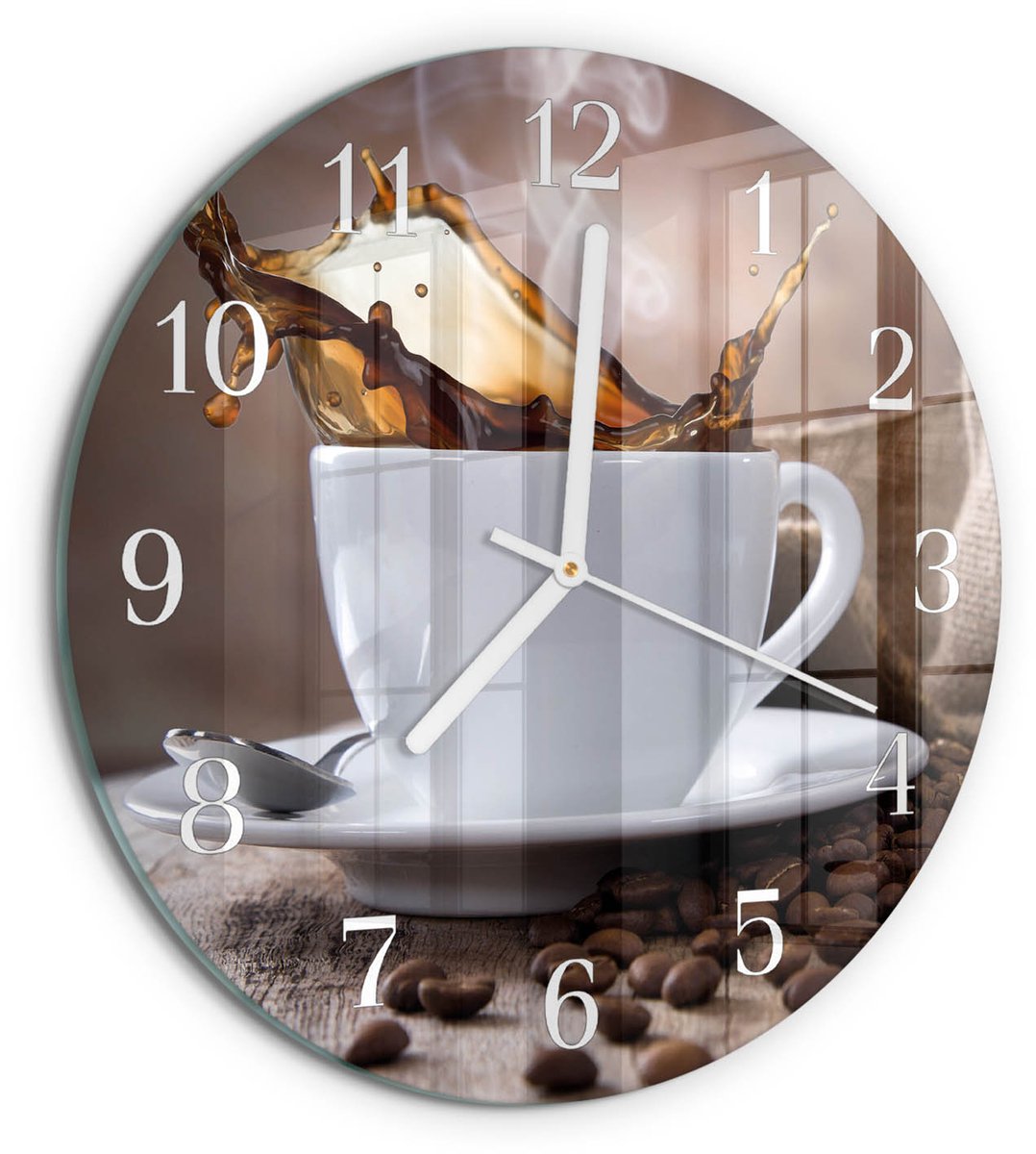 TULUP Wandklok - Koffie Klok Glas Met Opdruk - 30fi cm - Bruin Moderne Wandklok Glas - Witte Handen - Ronde Wandklok - Glazen Wandklok Design - Klok Glas Met Opdruk Bruin - Koffie
