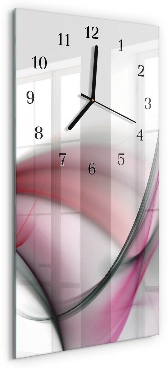 TULUP Wandklok - Abstracte kunst Klok Glas Met Opdruk - 30x60 cm - Rood Moderne Wandklok Glas - Zwarte Handen - Rechthoekige Wandklok - Glazen Wandklok Design - Klok Glas Met Opdruk Rood - Abstracte kunst