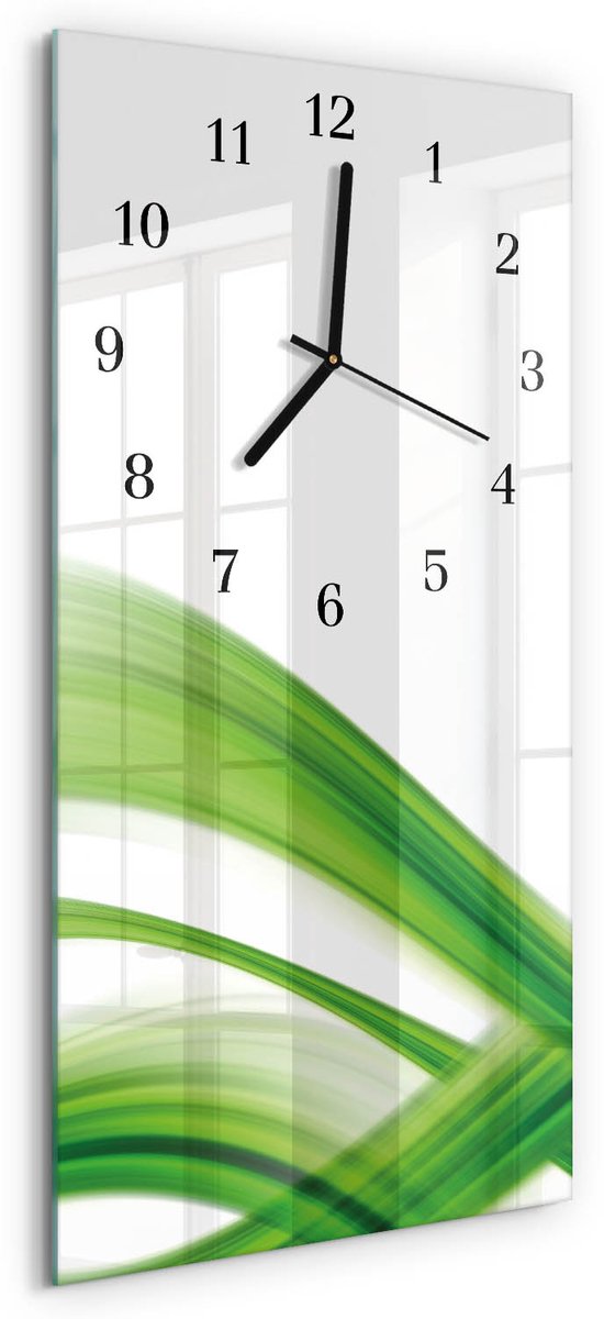 TULUP Wandklok - Abstracte golf Glazen Klok Met Print - 30x60 cm - Groente Moderne Glazen Wandklok - Zwarte Handen - Rechthoekige Wandklok - Wandklok Glas Decoratie - Gekleurde Glazen Klok Groente - Abstracte golf