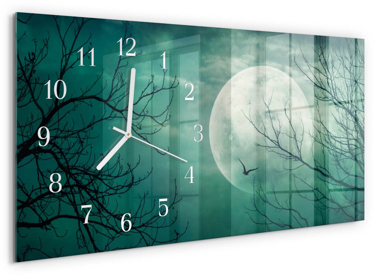 TULUP Wandklok - Maan Moderne Wandklok Glas - 60x30 cm - Turkoois Wandklok Glas Decoratie - Witte Handen - Rechthoekige Wandklok - Glazen Klok Met Print - Wandklok Glas Met Motief Turkoois - Maan