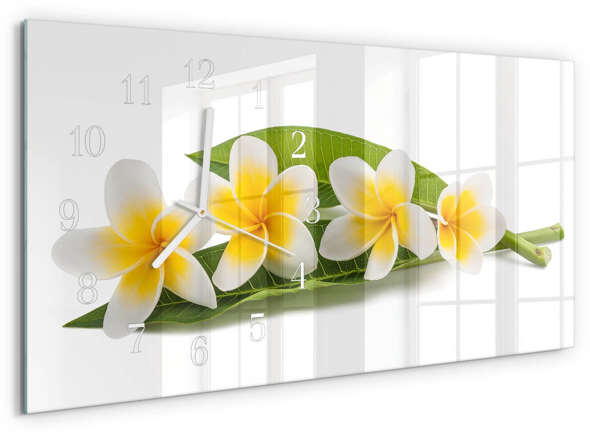 TULUP Wandklok - Bloemen Decoratieve Glazen Klok - 60x30 cm - Geel Glazen Wandklok Design - Witte Handen - Rechthoekige Wandklok - Wandklok Glas Decoratie - Gekleurde Glazen Klok Geel - Bloemen