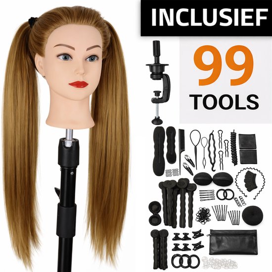Tess - Oefenhoofd met Statief - 99 Accessoires - Kaphoofd voor Meisjes - Kappershoofd - Kappop voor Kinderen - Blond Haar - 70cm