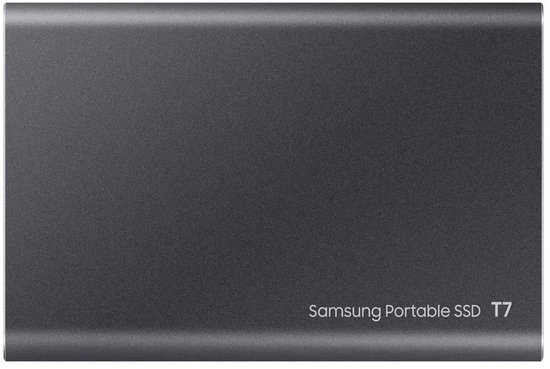 Grijze Samsung Portable SSD T7 met tekst.