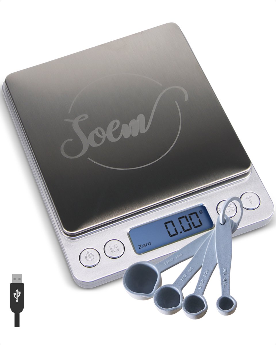 Bol.com SOEM® Keukenweegschaal USB Oplaadbaar Digitaal met Kom en Blauwe maatlepel set – Compacte Precisie Weegschaal 0.1 gram –... aanbieding