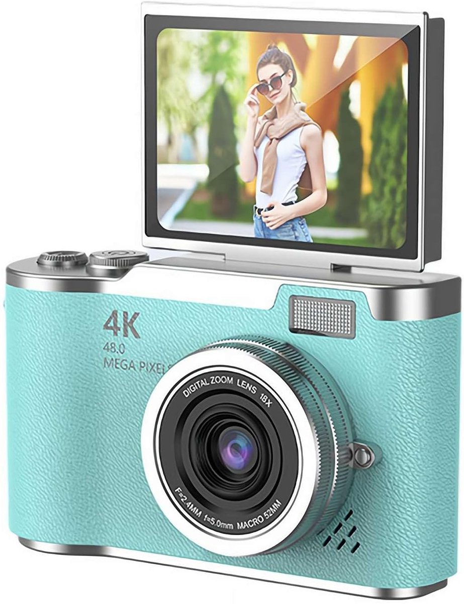 4K Digitale Camera voor Foto's – 48 MP met Kantelbaar Scherm, Draagbare Retrocamera met Kantelbaar Scherm, Selfiecamera met 8x Zoom, Vlogcamera – Camera voor Kinderen en Volwassenen, Compacte Retrocamera voor Buitengebruik (Groen, 1 Set)