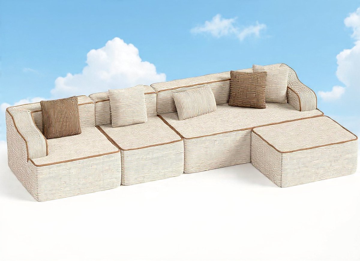 Luxe CloudFlex Hoekbank met Slaapfunctie 5-Zits – 340 x 165 x 65 cm Modulaire Boneless Sofa, Corduroy Beige, Inclusief 5 Sierkussens, Montagevrij Design voor Woonkamer
