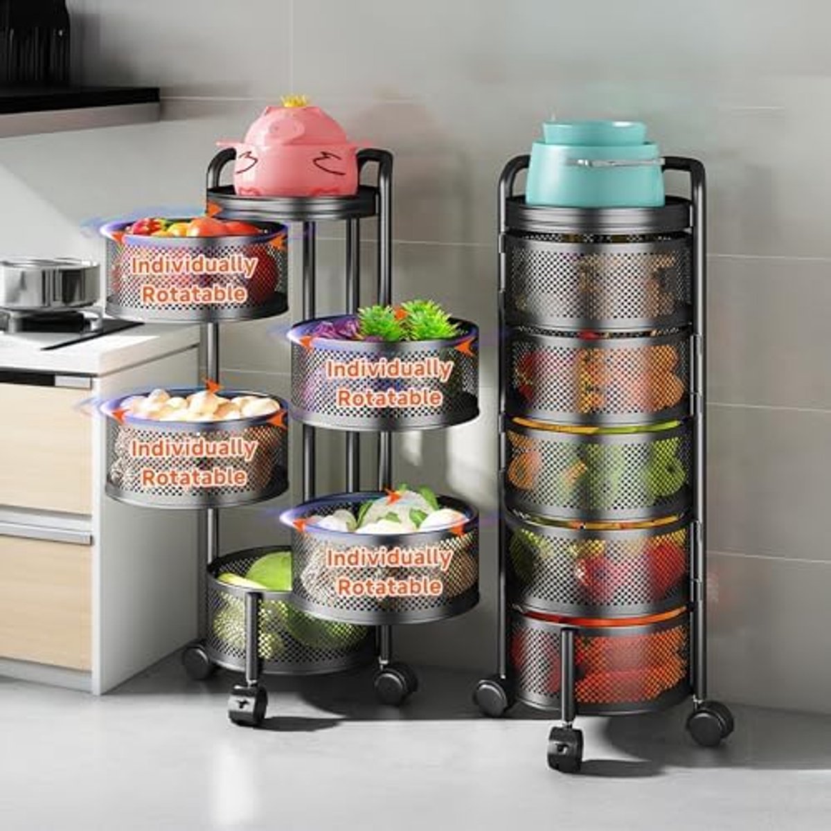Keuken Trolley 5-Laags met Draaibare 180° Korven & Wielen – Opbergwagen van Carbon Staal met Afneembare Manden – 45 kg Draagkracht – Direct Gebruiksklaar