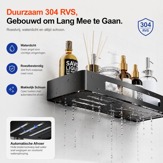 BOTC Support de douche - Support de douche 2 couches sans perçage - Acier inoxydable - Auto-adhésif - Support de douche suspendu - Support de salle de bain - Zwart