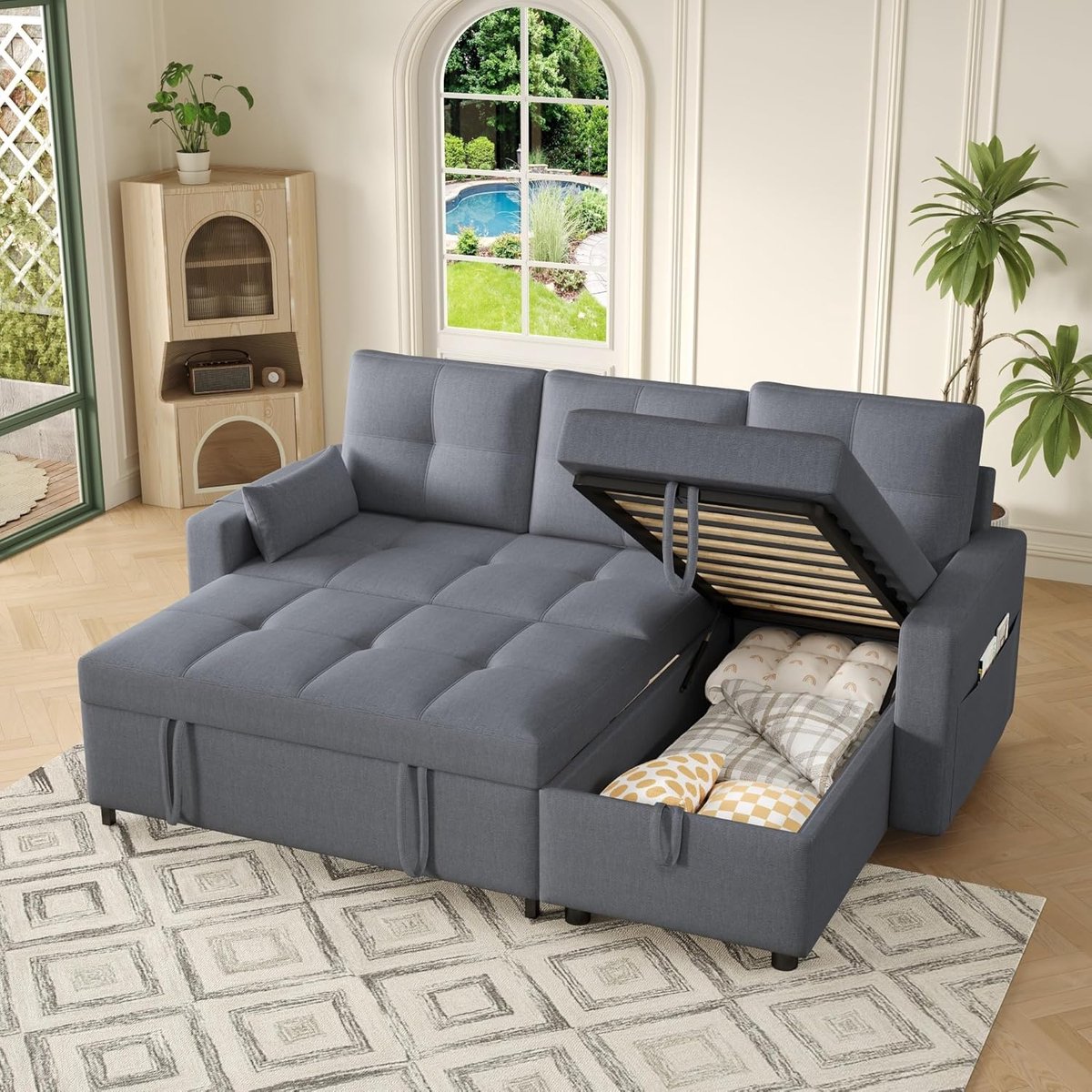 Luxora Premium L-vormige Modulaire Slaapbank met Uitschuifbare Slaapfunctie, Opbergruimte, Inklapbare Bekerhouder & Home Theater Comfort – 2,5 x 2,5 x 2,5 m – Grijs
