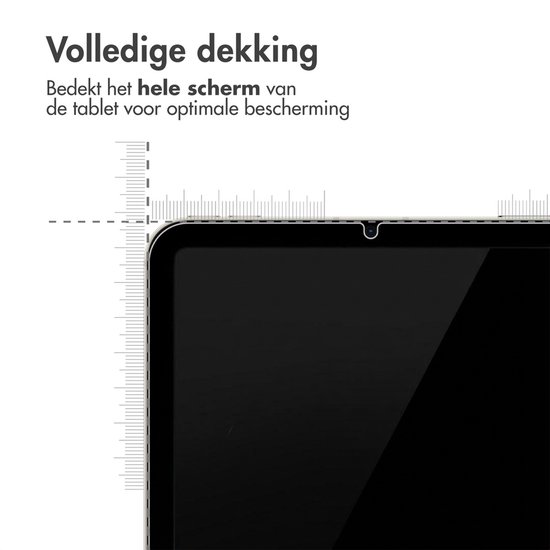 Detail van een iPad Mini met screenprotector, met liniaal die de volledige dekking aangeeft. "Volledige dekking".