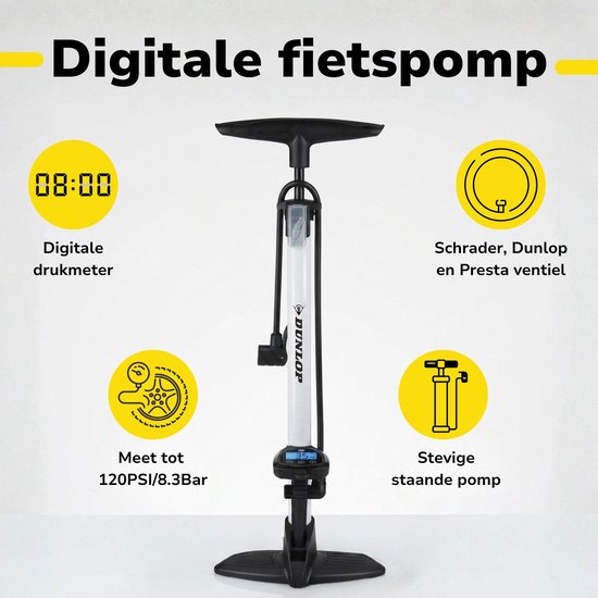 Dunlop Digitale Fietspomp met Drukmeter - Fiets Pomp Geschikt Voor Schrader Presta Dunlop Ventiel - Ballenpomp 120 PSI 8.3 BAR - Inclusief Ventieladapters en Naald van Dunlop — afbeelding 2