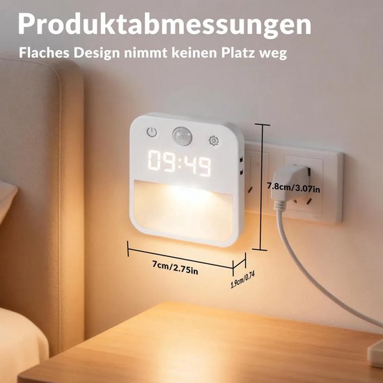 LED-nachtlampje, met stekker, bewegingssensor en klok, 3 kleurtemperaturen, dimbaar, geschikt voor trappen, slaapkamers en gangen. van Merkloos — afbeelding 4