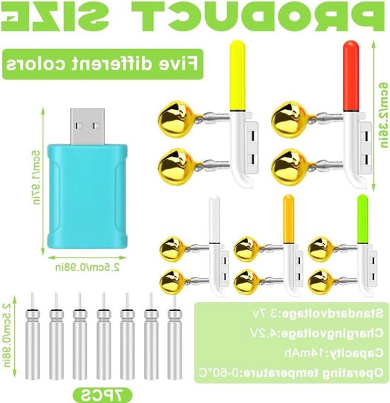 Vijf stuks LED dobbers met bijtalarm en oplaadbare batterij voor nachtvissen, waterdicht en multifunctioneel — afbeelding 5