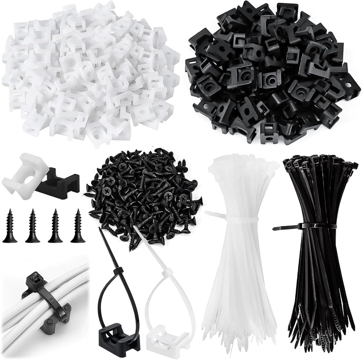 Kabelhouders met Schroef - Kabelbinders Kabelclips - Kabelmanagement Thuis - Zelfborgend Nylon - 200 Stuks - Zwart Wit