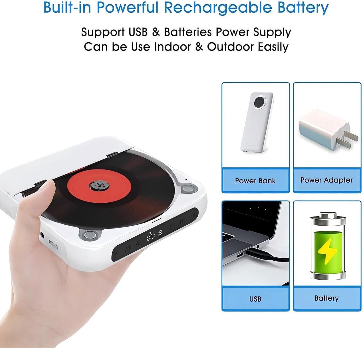 Bluetooth CD-speler - Draagbare CD-speler - Hi-Fi Geluidskwaliteit - 2000mAh Oplaadbare Batterij - 6 Uur Speeltijd - 2.4GHz Bluetooth - Met Anti-schok Technologie - Lichtgewicht 280g - Wit thumbnail 4