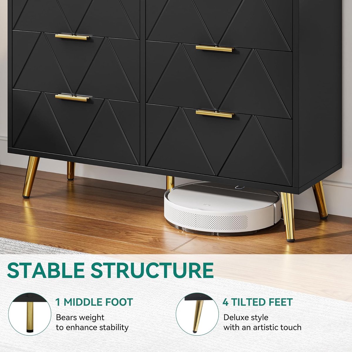 Ladekast met 6 Laden – Luxe Moderne Commode Zwart met Gouden Accenten – HomeByNicole 100 cm Brede Opbergkast voor Slaapkamer, Woonkamer & Kantoor – Houten Dressoir met Schuifladen