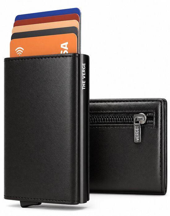 The Verge® Premium - Pasjeshouder Uitschuifbaar Met Rits - Pasjeshouder Mannen - Creditcardhouder - RFID Pashouder - Brief- & Muntgeld 11 pasjes - Kaarthouder - Zwart Leer Met Rits & Magneetsluiting - Incl. Luxe Cadeauverpakking