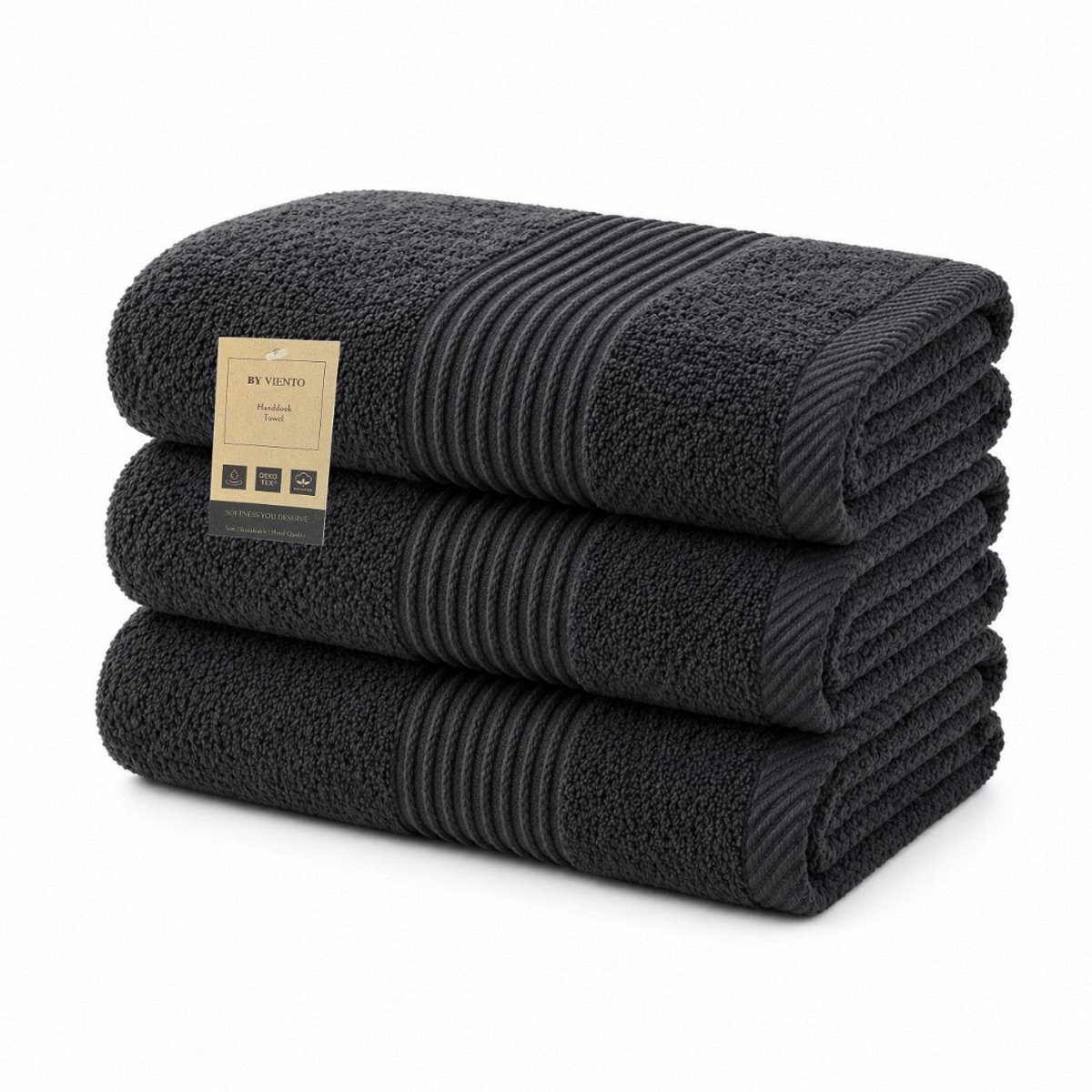 By Viento Luxe Handdoeken XL – Set van 3 – 70×130 cm – Antraciet – Hotelkwaliteit – 100% Katoen – 500 g/m²