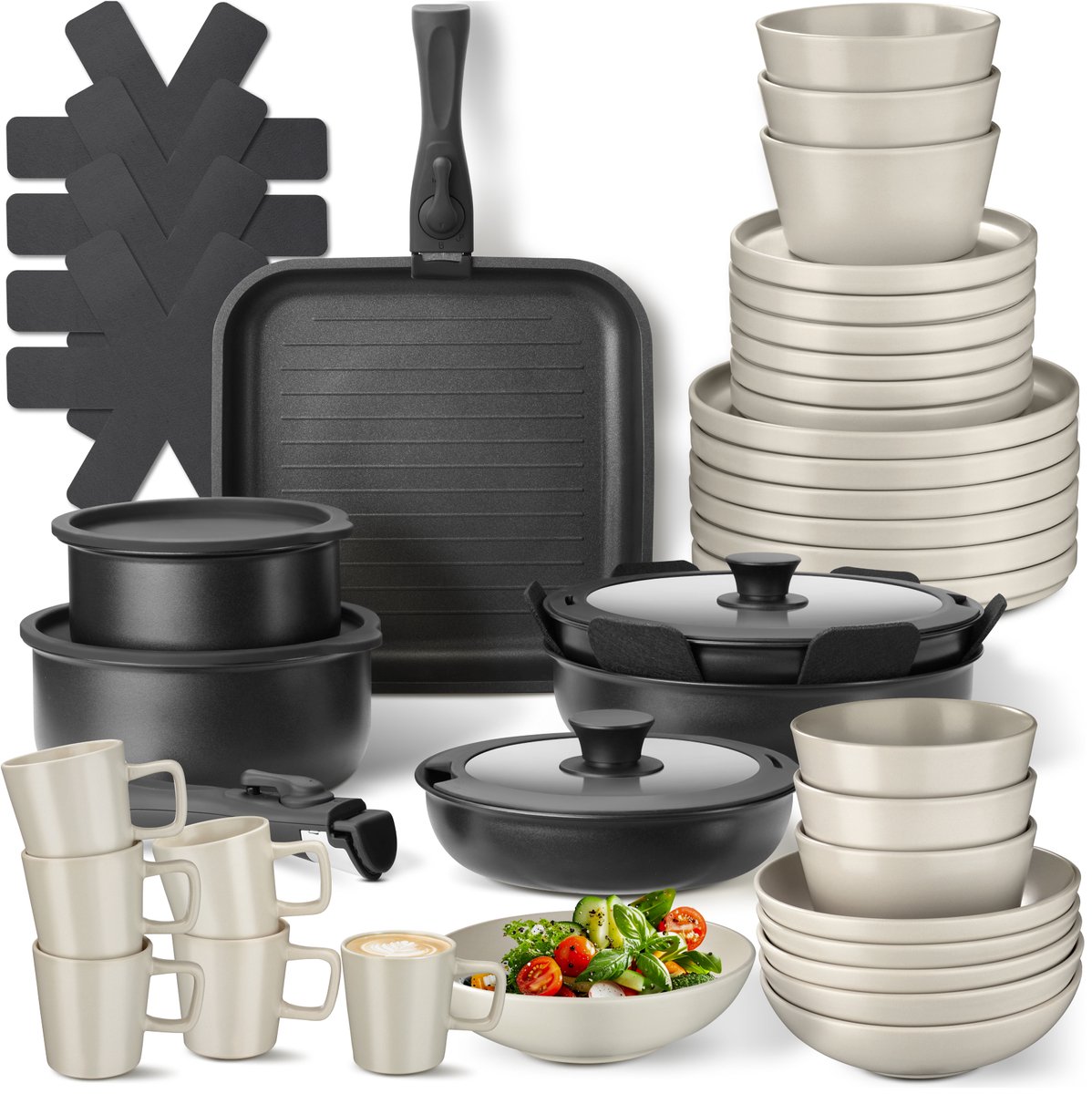 tectake® Complete Pannenset - Borden Set - Aardewerk - 47-delig - 6 Persoons - Set met Servies, Koekenpan, Grillpan, Kookpan, Kommen - Pannen met Deksel en Antiaanbaklaag - Ovenbestendig - Vaatwasbestendig - Geschikt voor Inductie - Zwart/Taupe