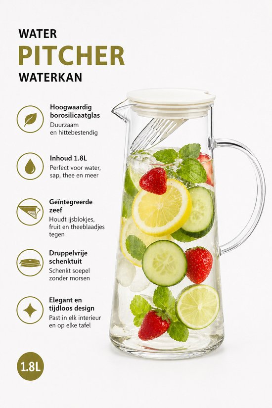 Glasrijk® Carafe à eau 1,8 L - Carafe à eau avec couvercle et filtre - Glas - Carafe en Verres 1,8 litre - Carafe verseuse - Carafe à eau en Verres - Carafe à eau pour eau de fruits - Carafe à décanter multifonctionnelle - Carafe avec couvercle