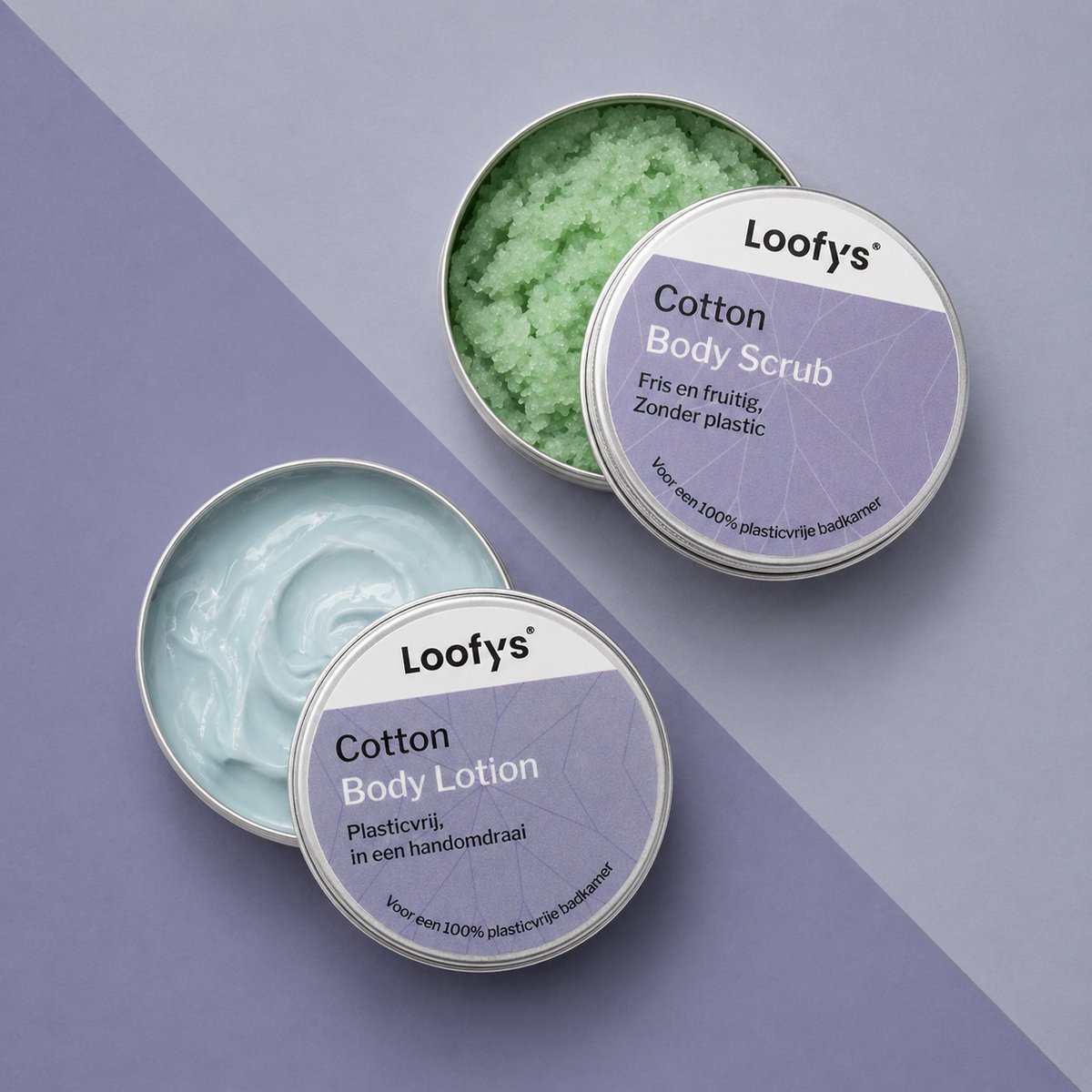 Loofys Body Care Set Cotton - Sugar Body Scrub en Body Lotion - Frisse en Zachte Katoengeur - Verzorging en Hydratatie - Alternatief voor Reisflesjes - Duurzaam en Plasticvrij - Travel Set - 2x 30ml