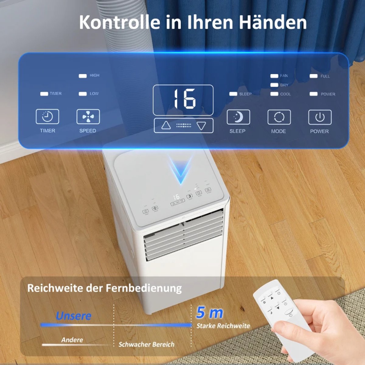 Draagbare airconditioner 9000 BTU 4-in-1 koelen ontvochtigen ventilator slaapstand 20-30 m² wit met afstandsbediening - Afbeelding 4
