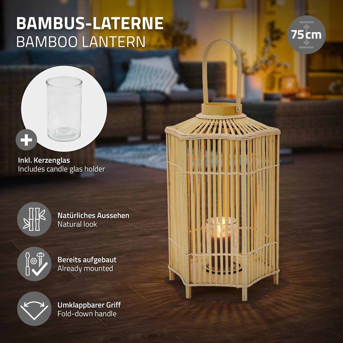 ECD Germany bamboe lantaarn, decoratieve houten windlicht serie, grote kaarsenhouder van 75 cm hoog, luxe houtlook met glas en handvat, sfeervolle boho tuinlantaarn gevlochten stijl, moderne decoratie voor binnen buiten balkon terras en woonkamer — cadeau in Wonen & Interieur - foto 8