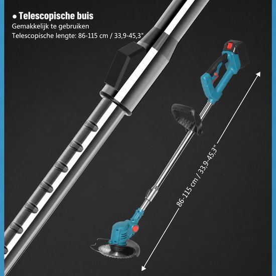 Accu grastrimmer, 21V accu en lader, accu onkruidwacker, 180° trimhoek, telescoopsteel & extra handgreep — afbeelding 2