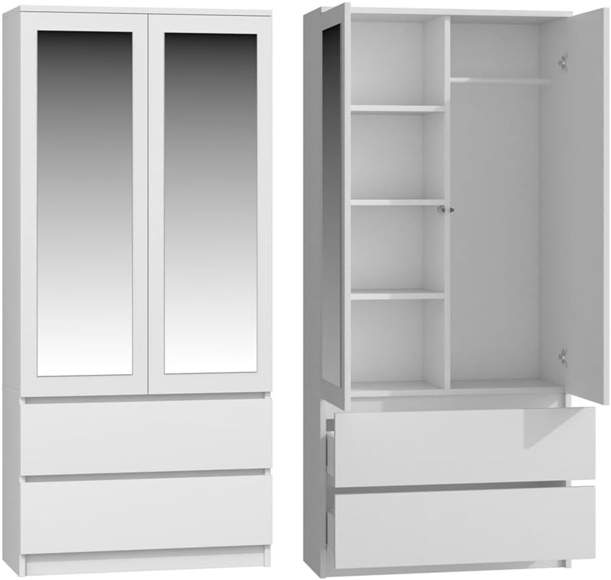 Lumière Spiegel Kledingkast 90x180x50 cm met 2 Lades, 4 Verstelbare Planken en Kledingroede – Moderne Witte Garderobekast voor Slaapkamer, Hal of Kantoor – Nicolehome