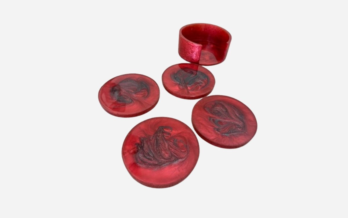 Rode Onderzetters Set – Handgemaakte Resin Coasters met Luxe Marmer Effect – Set van 4 + Houder