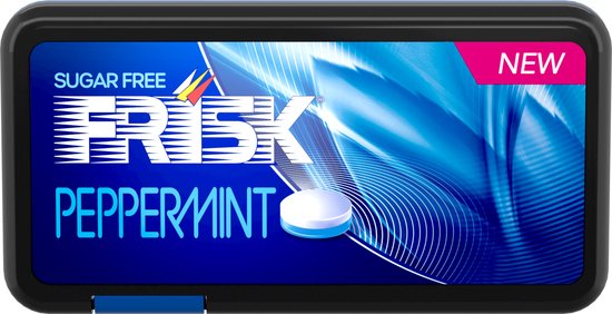 Frisk Peppermint suikervrije pastille in een zwarte verpakking met blauwe en witte golven.
