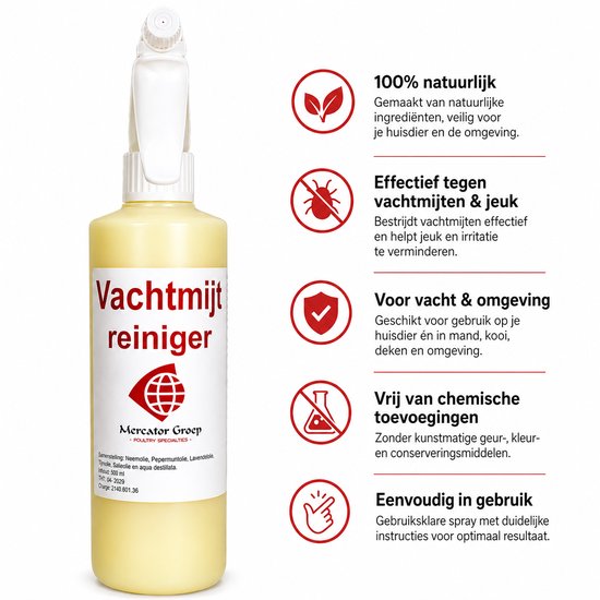 Sprayflacon met gele vloeistof, met 5 iconen: twee blaadjes (100% natuurlijk), mijt (effectief), schild met vinkje (voor vacht & omgeving), flesje (vrij van toevoegingen), hand met spray (eenvoudig).