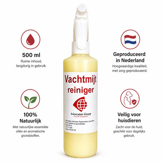 Sprayflacon met gele vloeistof, met 3 iconen: rode druppel (500 ml), groene plant (100% natuurlijk), hond en schild (veilig voor huisdieren).