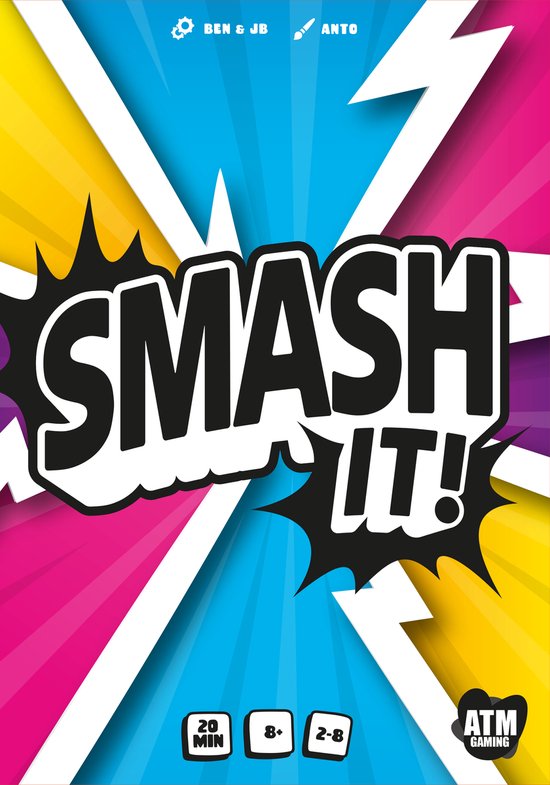 Doos van het kaartspel Smash It! met felle kleuren, de tekst "SMASH IT!" en icoontjes voor "20 MIN", "8+" en "2-8".