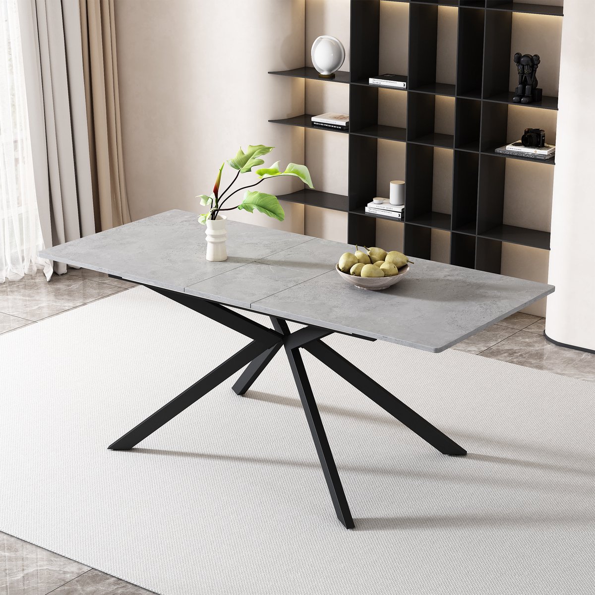 BLACKCOLORS Uitschuifbare eettafel, automatisch uitschuifbare eettafel, rechthoekige eettafel, salontafel, L150/180 x B70 x H76 cm, kruisvoetontwerp, cementpatroon, zwart en grijs