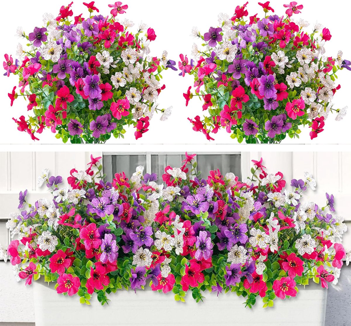 12 bundels kunstbloemen voor buiten, kleurrijke kunstbloemen, UV-bestendig, kunstbloemenboeket voor buiten, binnen, tuin, verandadecoratie (Wit, Roosrood, Paars)