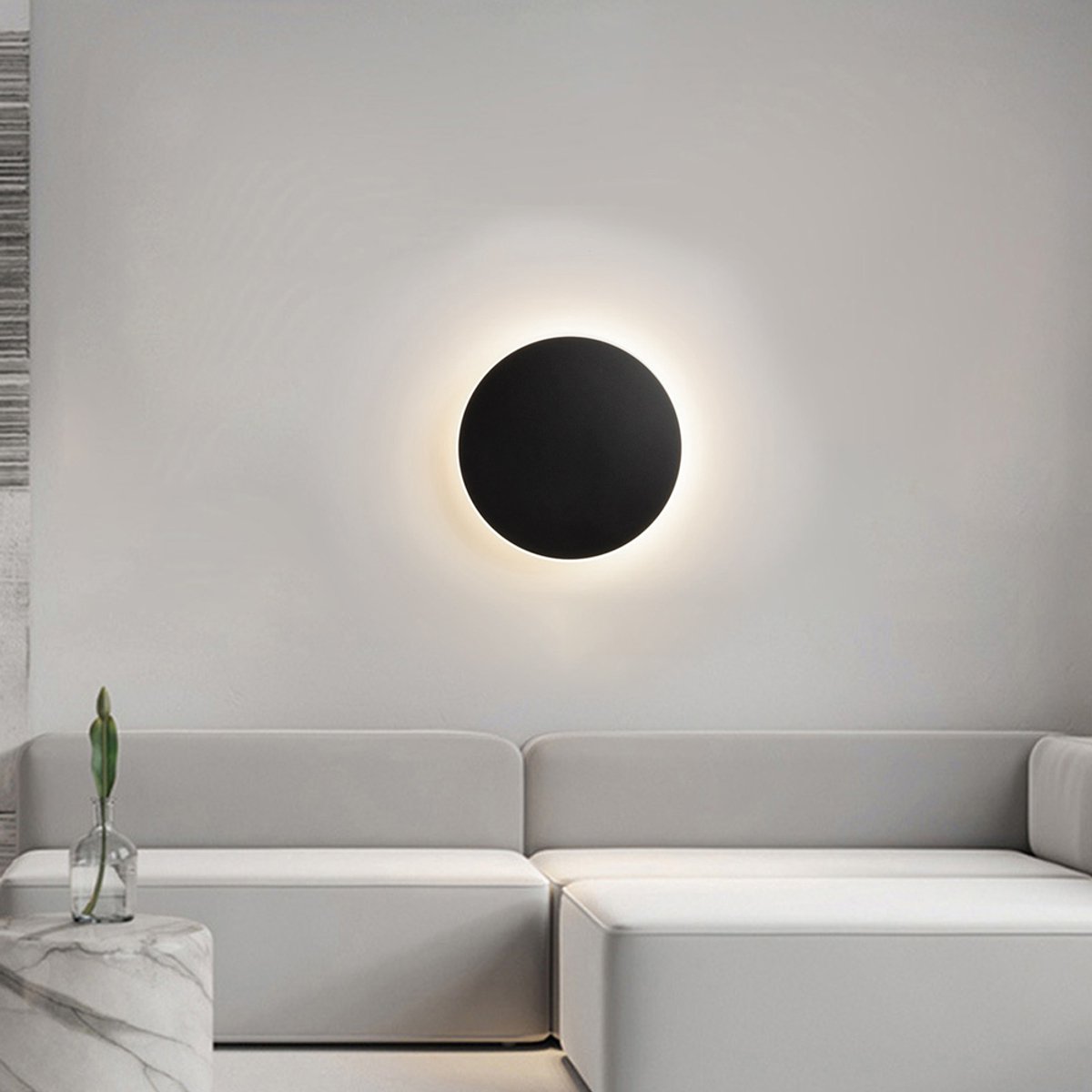 Oneay Zwarte wandlamp voor binnen – ronde LED wandverlichting – bedrade cement wandlamp met minimalistisch plat design – moderne wandlamp voor hal, slaapkamer en woonkamer – 17W 3000K warm wit