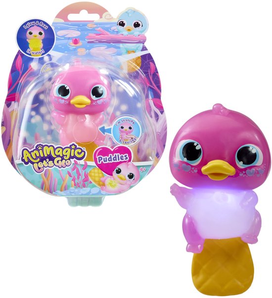 Roze badeendje speelgoed met licht in verpakking en ernaast een los roze badeendje.