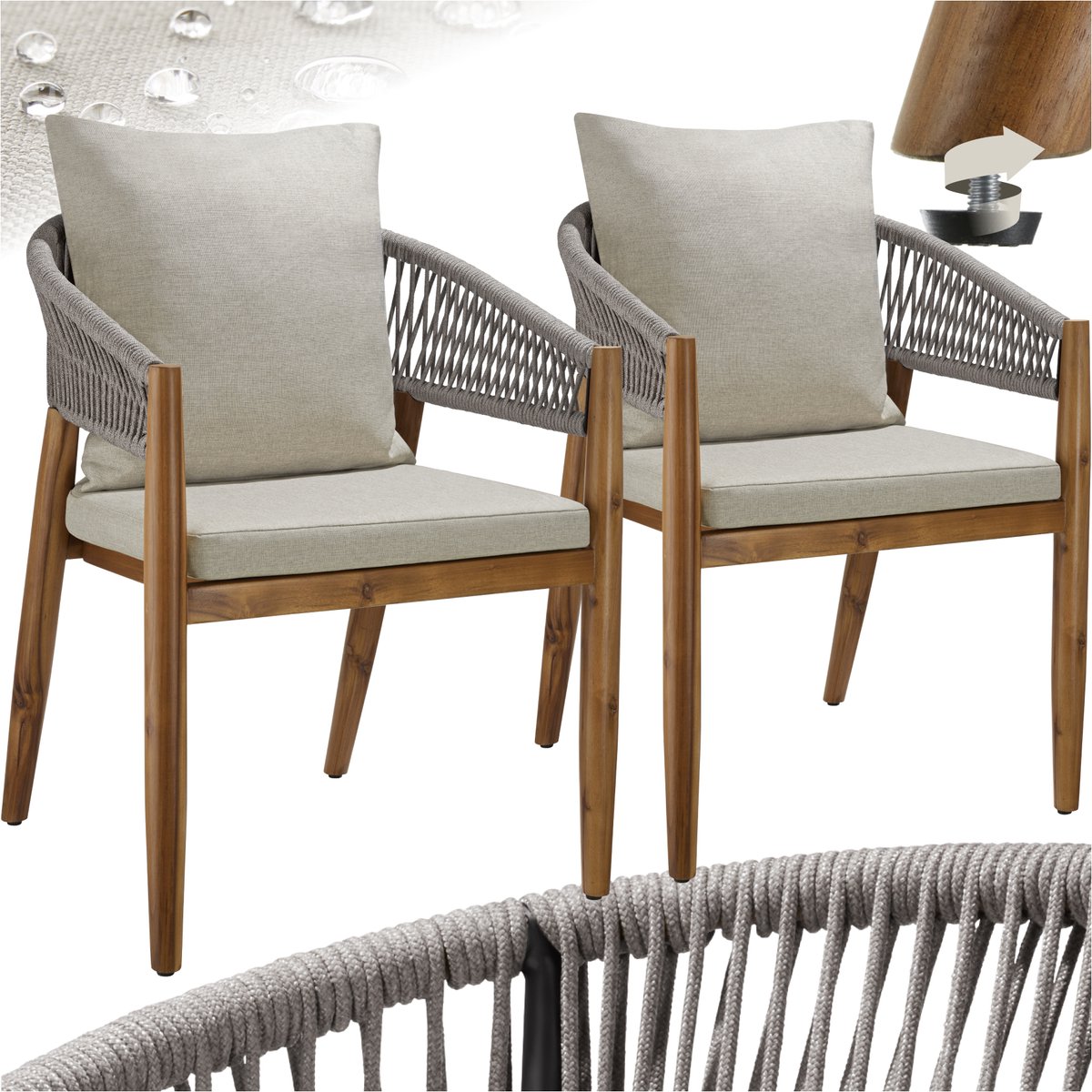 tectake® Set van 2 Tuinstoelen Manacor - Tuinstoel in Rope-Design - Balkonset - Weerbestendige Buitenstoel van Gelakt Acaciahout - Grijs/Beige - Stoelen voor Tuin, Balkon, Terras