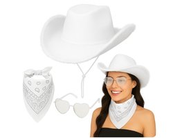 Cowboy Hoed Set - 3-delig - wit - met bonten rand - Mannen & Vrouwen - Western Verkleed - Bandana & Bril - Party / Cosplay