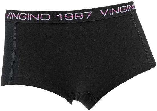Zwarte boxer met roze en paarse 'VINGINO 1997' tekst op de elastische band.