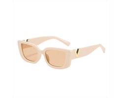 Dames Zonnebril - Designer - Beige - Rechthoekig - Gouden Detail - Mode