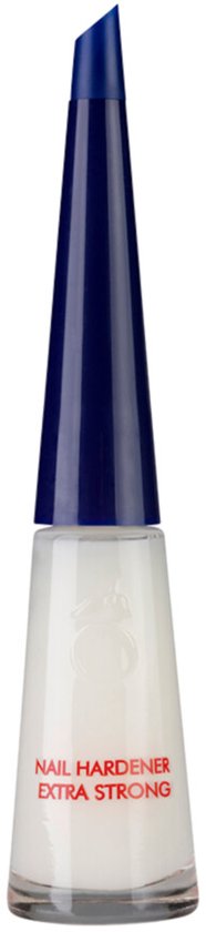 Flesje nagelverharder met witte vloeistof en een donkerblauwe dop. Tekst: NAIL HARDENER EXTRA STRONG.