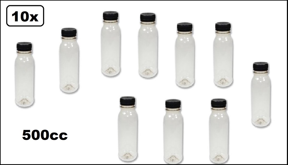 10x Flesje PET helder 500cc oranje + zwarte dop - 38mm x 119mm - drink fles vruchten sap limonade drank festival thema feest
