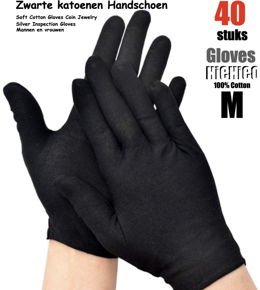 Katoenen handschoenen Zwart medium 40stuks/20Paar - Beschermende Handschoenen - Medium - Gezondheidszorg - Ziekenhuis - Beauty Center, Kapper en Salon Spa Tattoo – Jewelry - eczeem / allergie / handcreme - juweliers / munt handschoen