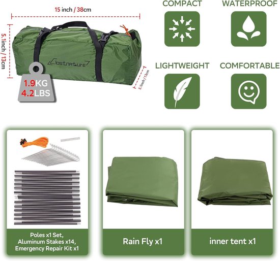 Clostnature Zelt 1 Personen für Camping - Wasserdichtes Outdoor 1 Mann Zelt, Leicht Trekking Zelt für 4 Jahreszeiten, Kompakt Zelt mit kleinem Packmaß für Familie, Strand, Festival, Gruppe