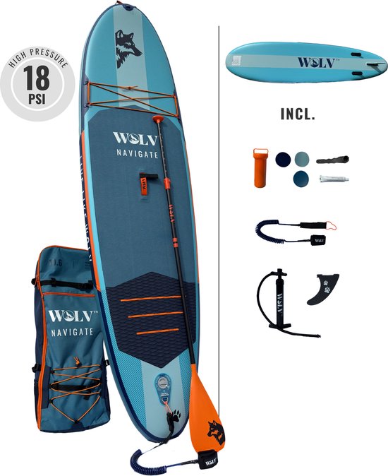 WOLV Navigate 10.6 SUP Board - Stand Up Paddle Board Opblaasbaar - PSI 18 - Complete Set - Max. 140KG - 320x81x15cm - Steel Blue