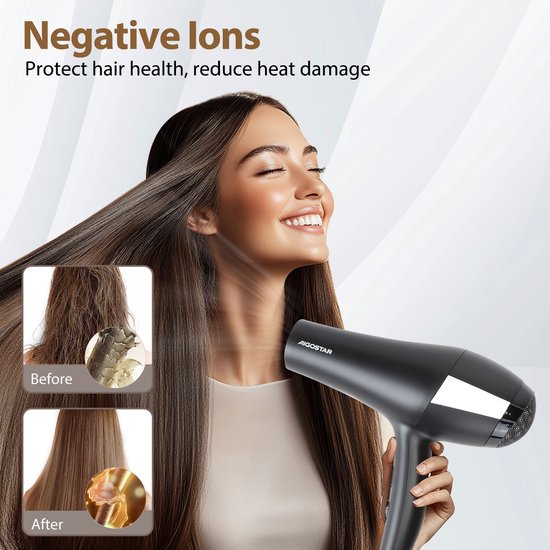 Vrouw met lang, glanzend bruin haar, blaast lucht met zwarte Aigostar haardroger. Voor-en-na afbeeldingen tonen verbeterde haarconditie.